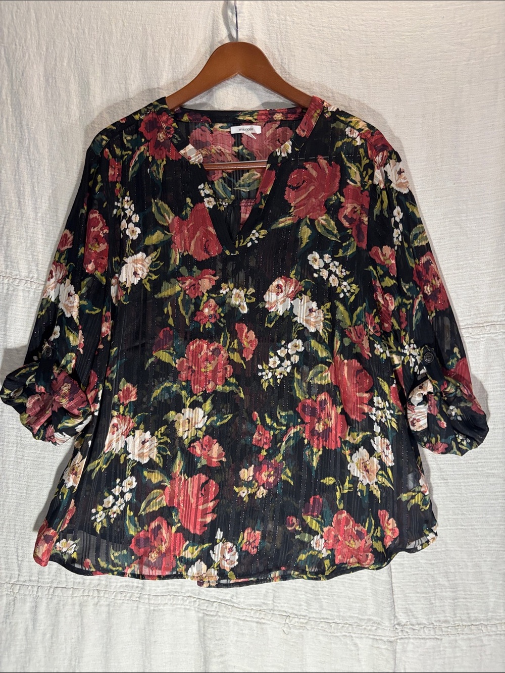 Maurices Black Floral V-Neck Blouse with Red & Cream Flowers